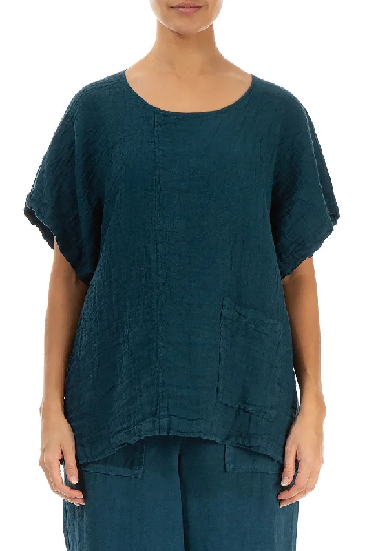 Short Sleeves Dark Teal Crêpe Linen Blouse