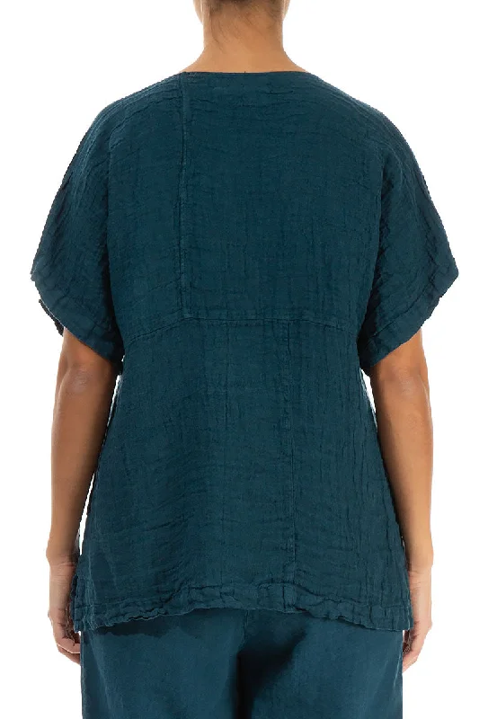 Short Sleeves Dark Teal Crêpe Linen Blouse