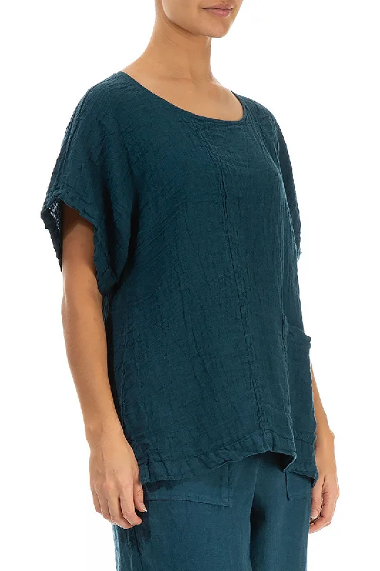 Short Sleeves Dark Teal Crêpe Linen Blouse