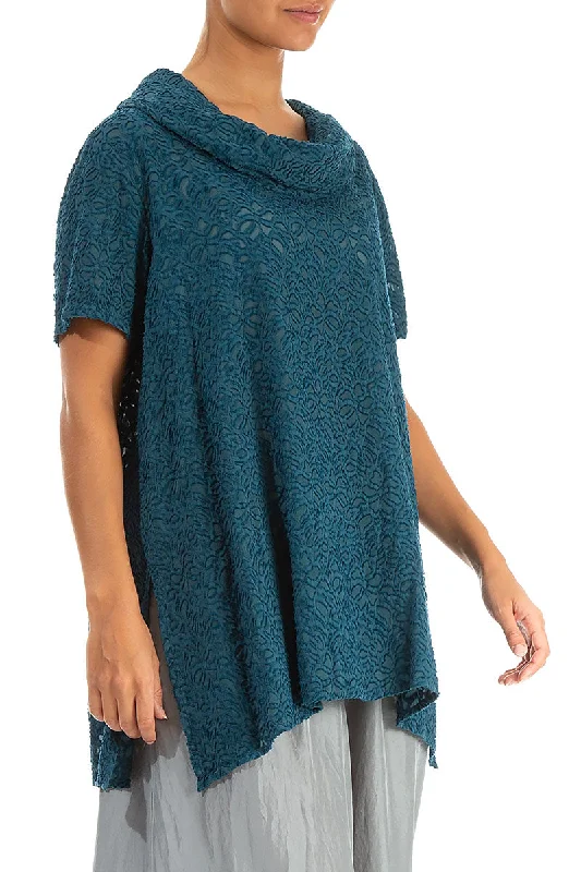 Short Sleeves Floral Dark Teal Silk Tunic