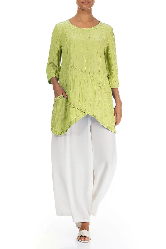 Side Pocket Crinkled Lime Silk Tunic