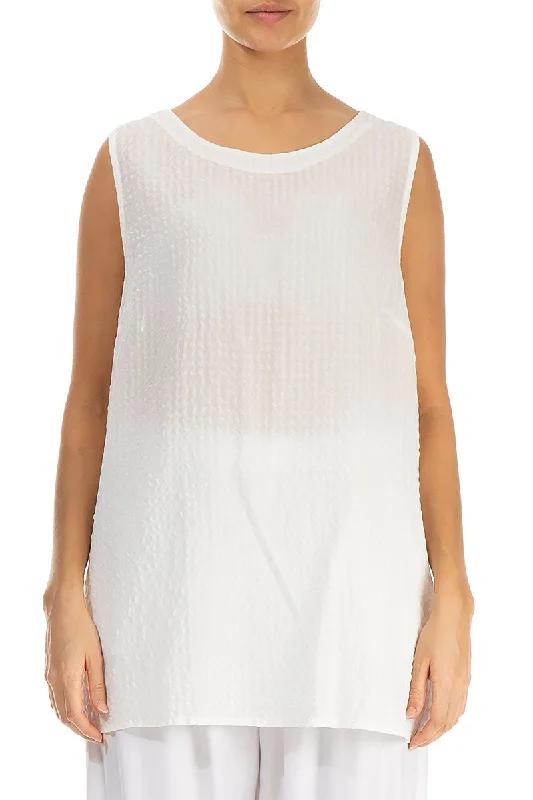 Sleeveless Off White Textured Silk Top