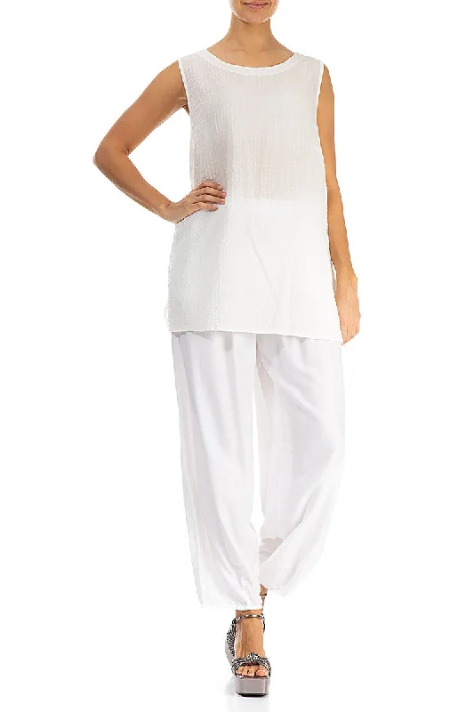 Sleeveless Off White Textured Silk Top