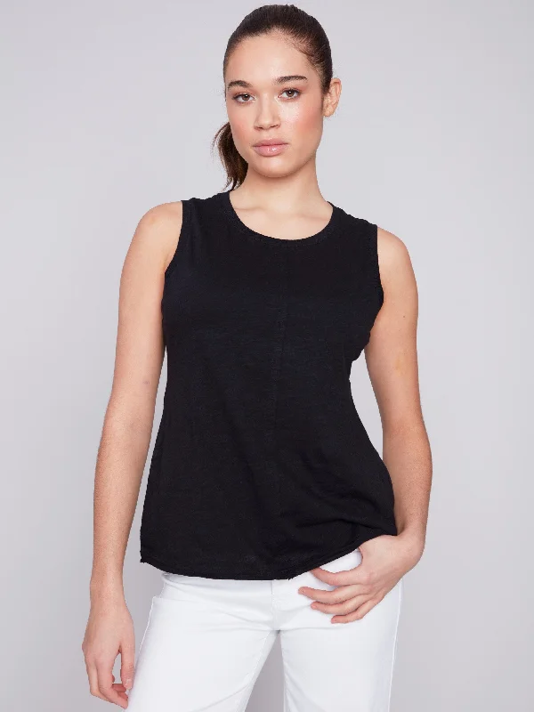 Sleeveless Organic Cotton Slub Knit Top - Black