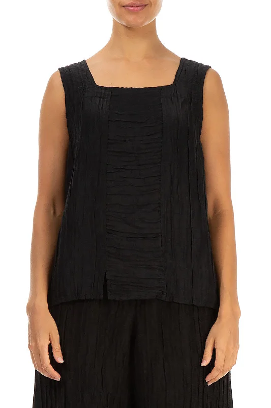 Square Neck Crinkled Black Silk Linen Blouse