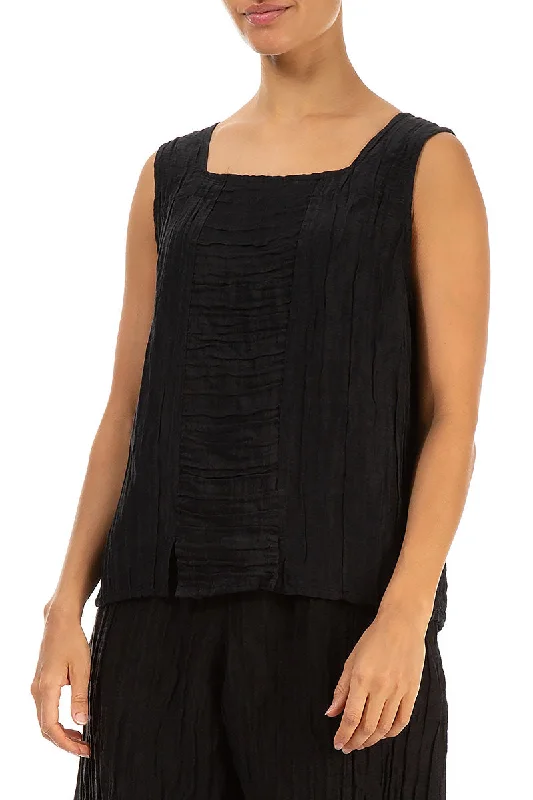 Square Neck Crinkled Black Silk Linen Blouse