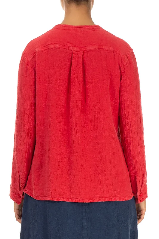 Stand Collar Poppy Red Linen Viscose Blouse