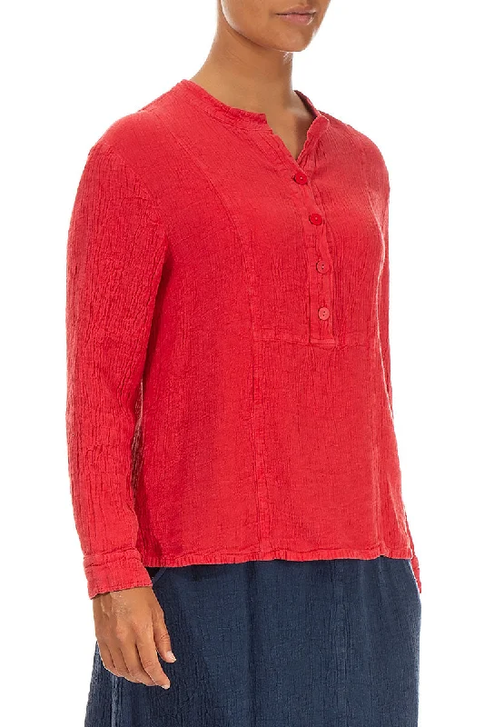 Stand Collar Poppy Red Linen Viscose Blouse