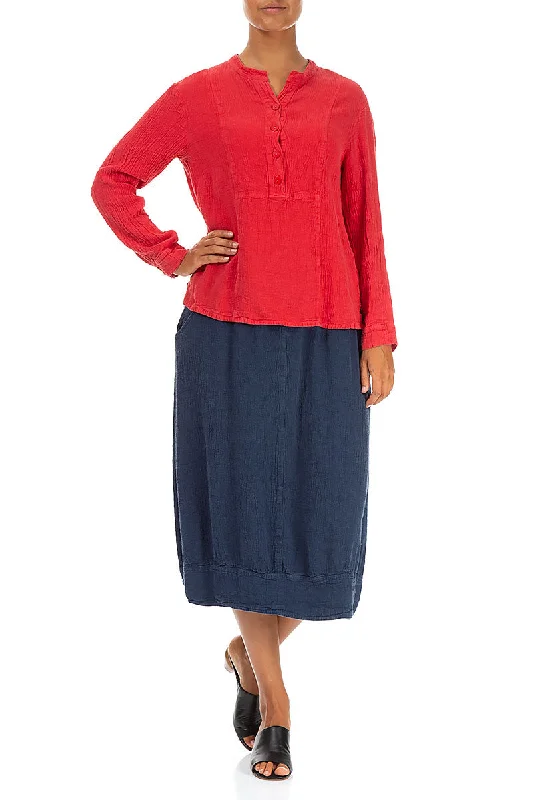 Stand Collar Poppy Red Linen Viscose Blouse