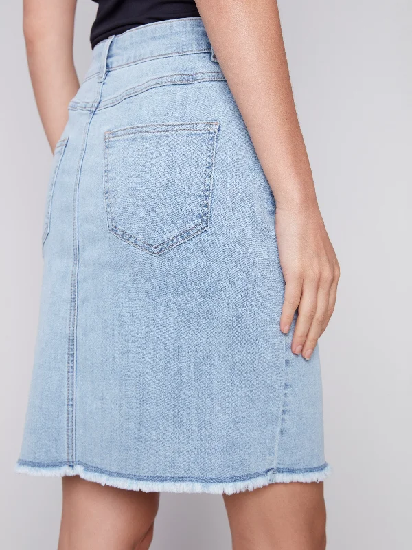 Stretch Denim Skort with Frayed Hem - Bleach Blue