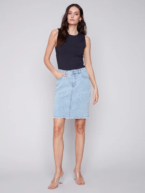 Stretch Denim Skort with Frayed Hem - Bleach Blue