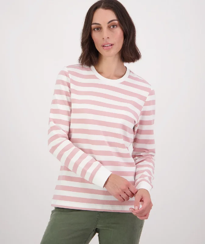 Swanndri Papamoa LS Stripe T Shirt Dusty Rose White