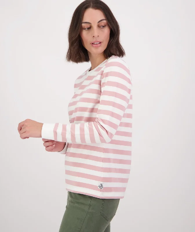 Swanndri Papamoa LS Stripe T Shirt Dusty Rose White