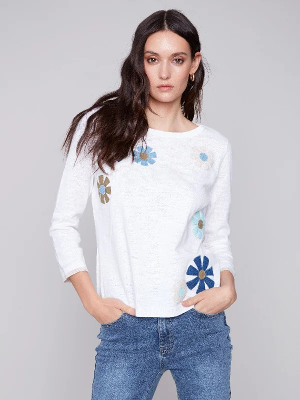 Sweater with Flower Patches - White