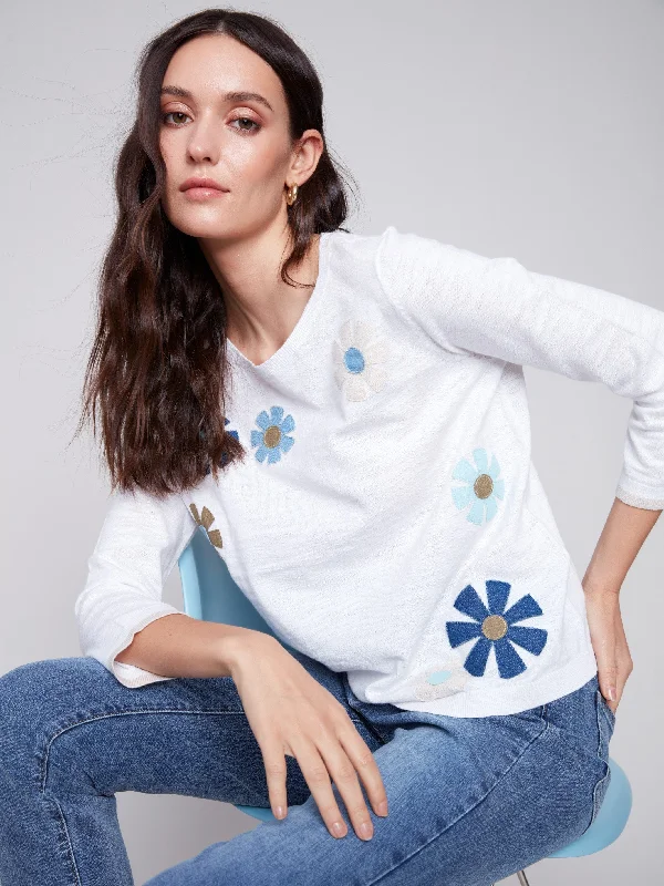 Sweater with Flower Patches - White