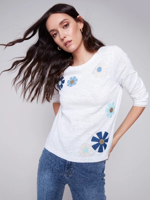 Sweater with Flower Patches - White