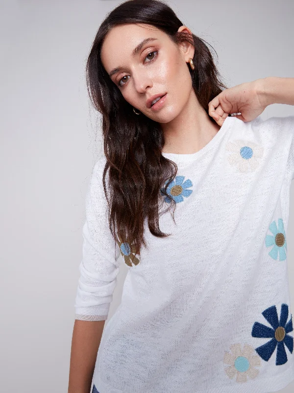 Sweater with Flower Patches - White