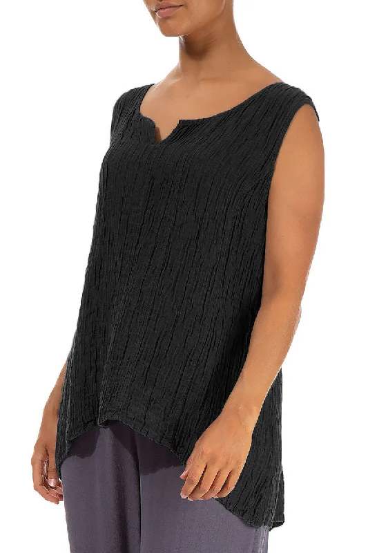 Sweetheart Neck Crinkled Black Silk Top