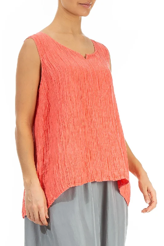 Sweetheart Neck Crinkled Living Coral Silk Top