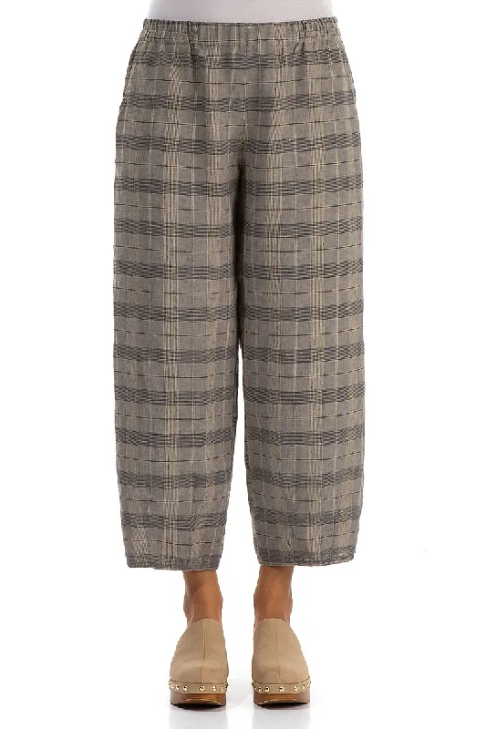 Taper Greige Check Linen Trousers