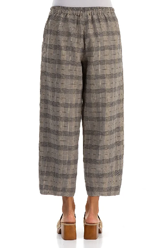 Taper Greige Check Linen Trousers