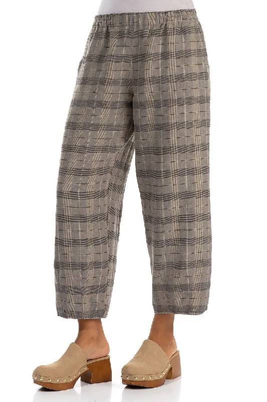 Taper Greige Check Linen Trousers