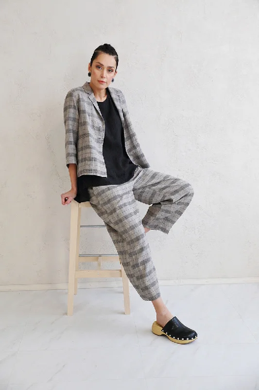 Taper Greige Check Linen Trousers