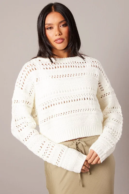 White Crochet Jumper Long Sleeve Crew Neck