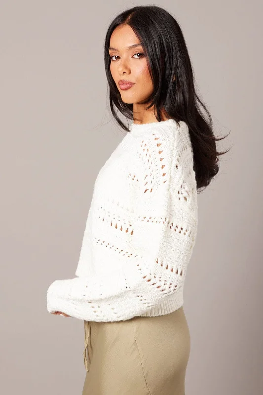 White Crochet Jumper Long Sleeve Crew Neck