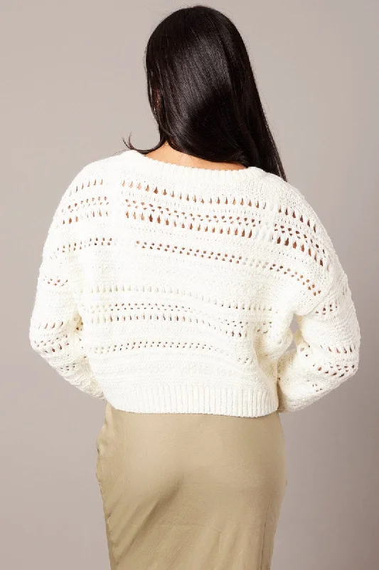 White Crochet Jumper Long Sleeve Crew Neck