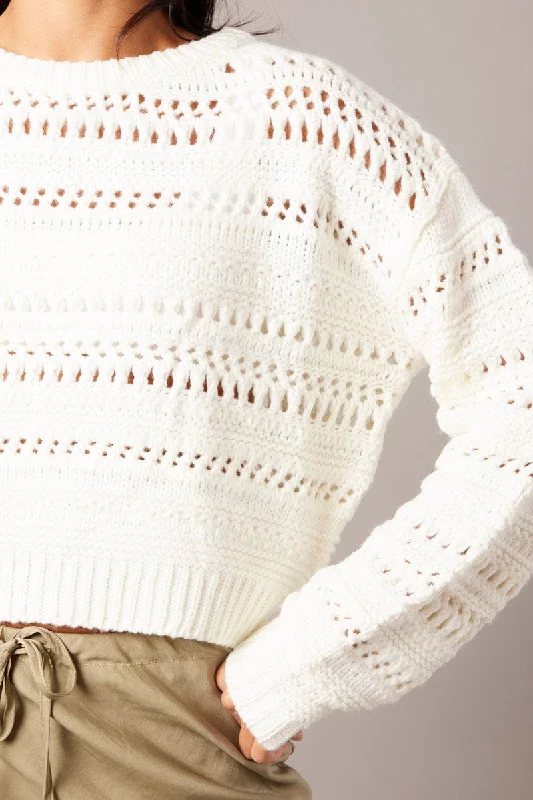 White Crochet Jumper Long Sleeve Crew Neck