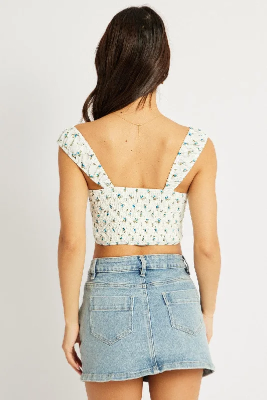 White Ditsy Crop Top Sleeveless Ribbon