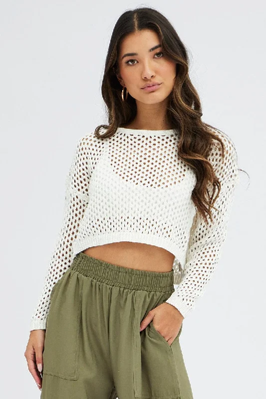 White Knit Jumper Long Sleeve Fishnet