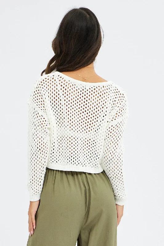 White Knit Jumper Long Sleeve Fishnet