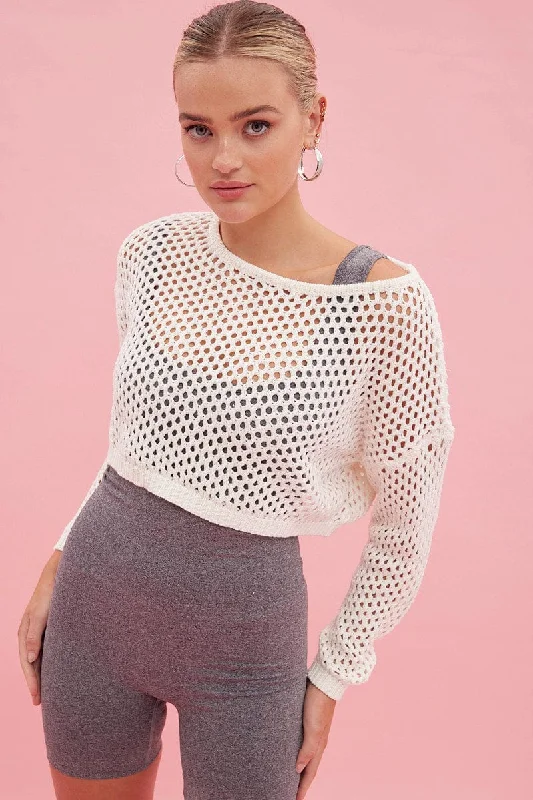 White Knit Jumper Long Sleeve Fishnet