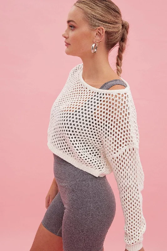 White Knit Jumper Long Sleeve Fishnet