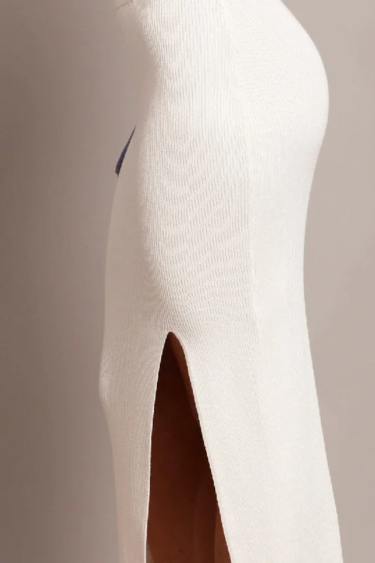 White Knit Skirt Front Split High Rise