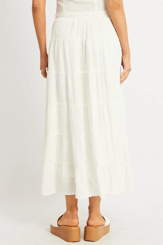 White Maxi Skirt Tiered High Rise Linen Blend