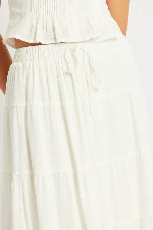 White Maxi Skirt Tiered High Rise Linen Blend