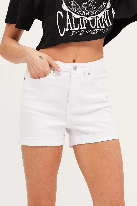 White Mid Rise Rolled Hem Skinny Denim Shorts