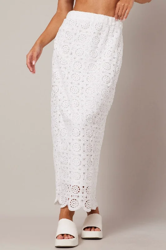 White Midi Skirt High Rise Lace