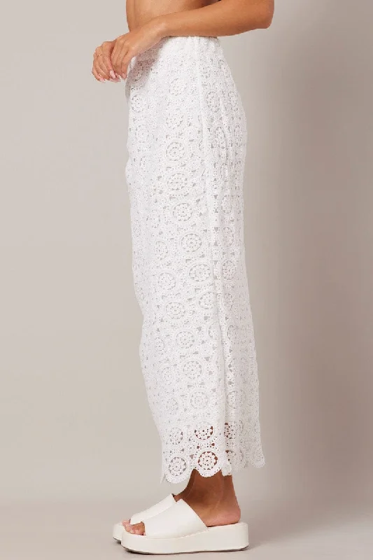 White Midi Skirt High Rise Lace