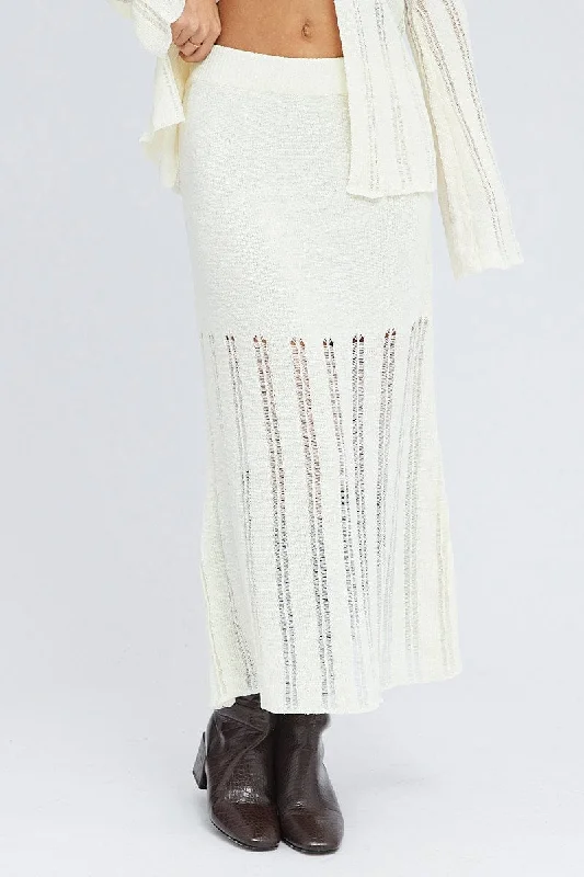 White Midi Skirt High Waisted A-line Ladder Knit