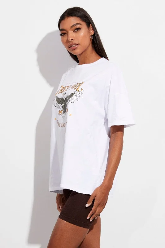 White T Shirt Crew Neck Short Sleeve Longline Eagle