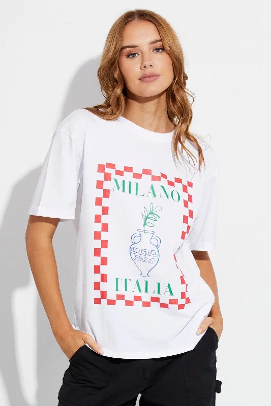 White Tee Round Neck Short Sleeve Milano Print