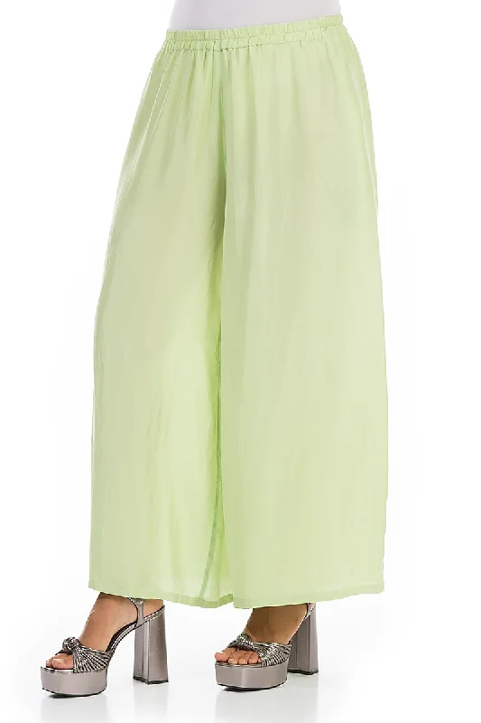 Wide Flowy Green Sorbet Pure Silk Trousers