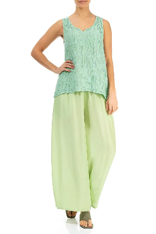 Wide Flowy Green Sorbet Pure Silk Trousers