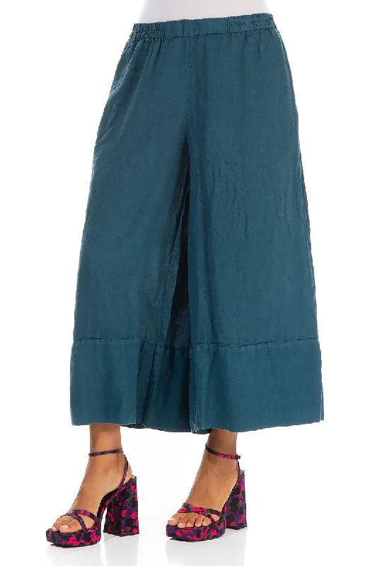 Wide Leg Cuffs Dark Teal Linen Culottes