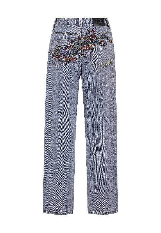 Womens Crystal Crawler Diamante Relaxed Denim Trousers Jeans - Bleach