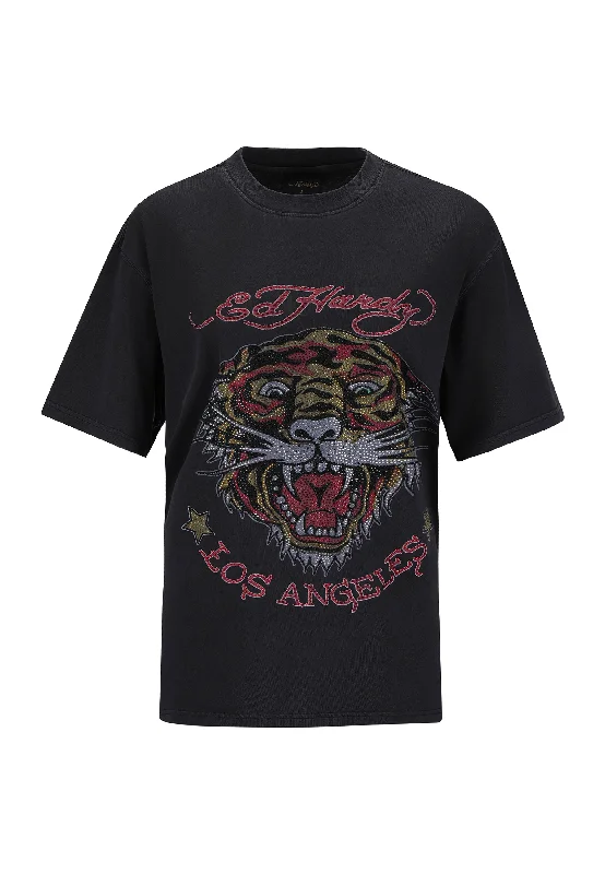 Womens La Tiger Vintage Diamante Tshirt - Black